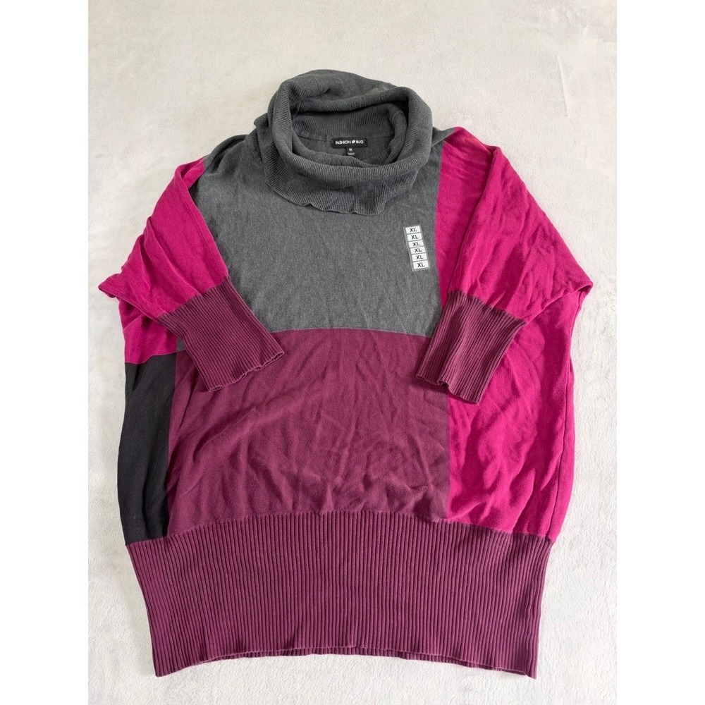 Fashion Bug Womens 1X Colorblock Cowl Neck Sweater Pink Grey Cotton Pullover